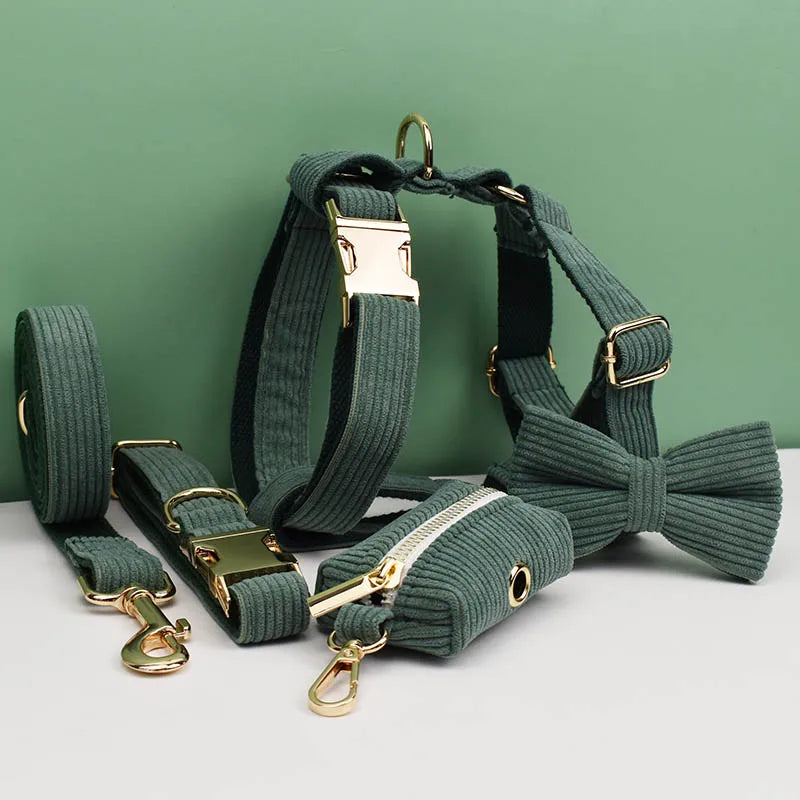 Dark Green Corduroy Personalized Dog Collar, Leash & Harness Set