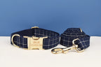 Grid Dark Blue Personalized Dog Collar, Leash & Harness Set