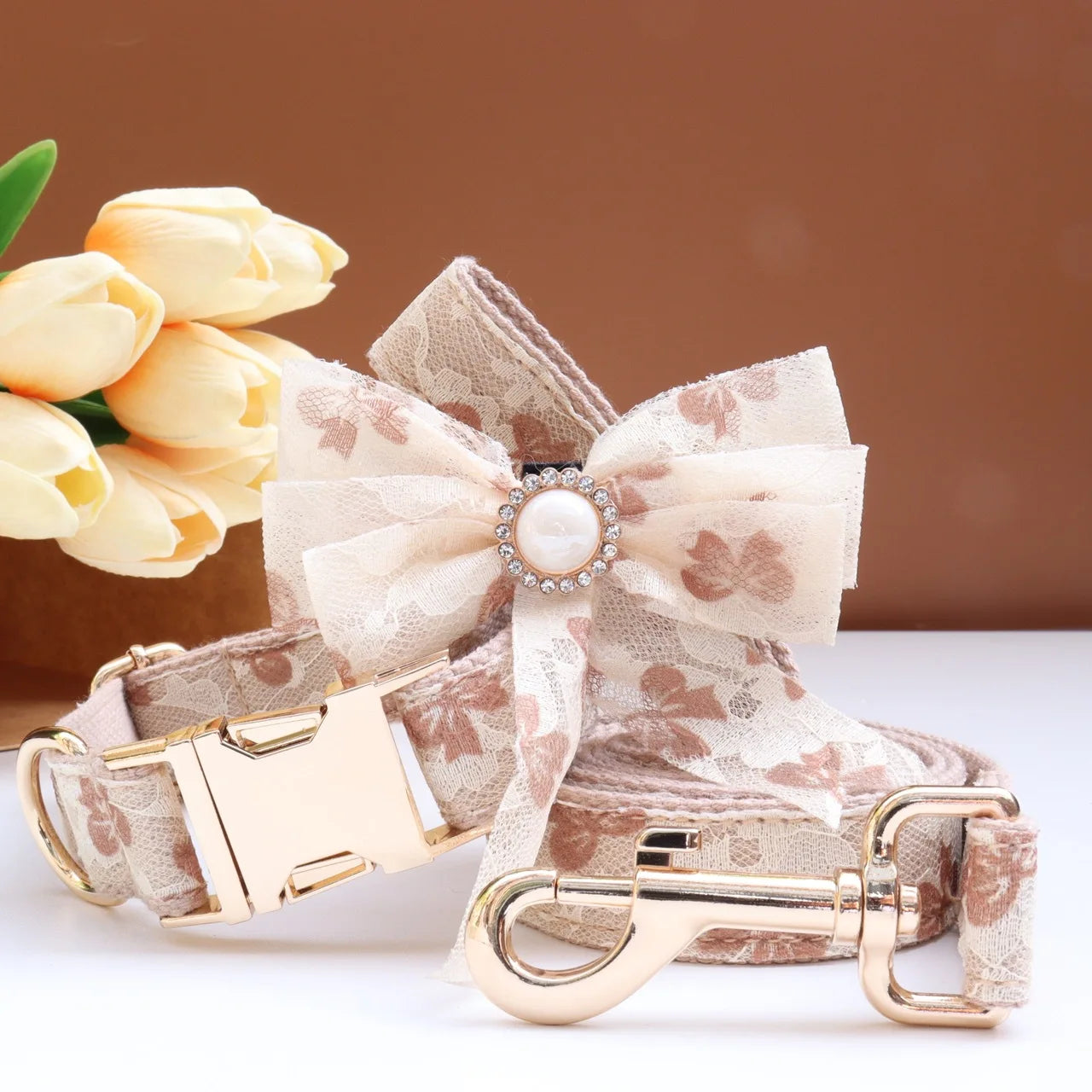 Luxury Pearl Personalized  Dog Collar and Leash Set, Lace Bowtie with Rhinestone Sparkle, Elegant Puppy Girl Pet Necklace