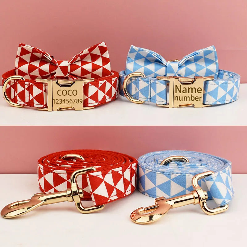 Personalized Check Dog Walking Set – Custom Dog Collar Leash Bowtie, Engraved Name Pet Gift