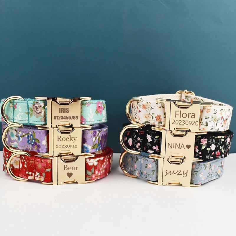 Personalized Dog Collar Leash Harness Set, Custom Name Printed Pet Accessories with Bow Tie, Luxury Tactical Dog Collar