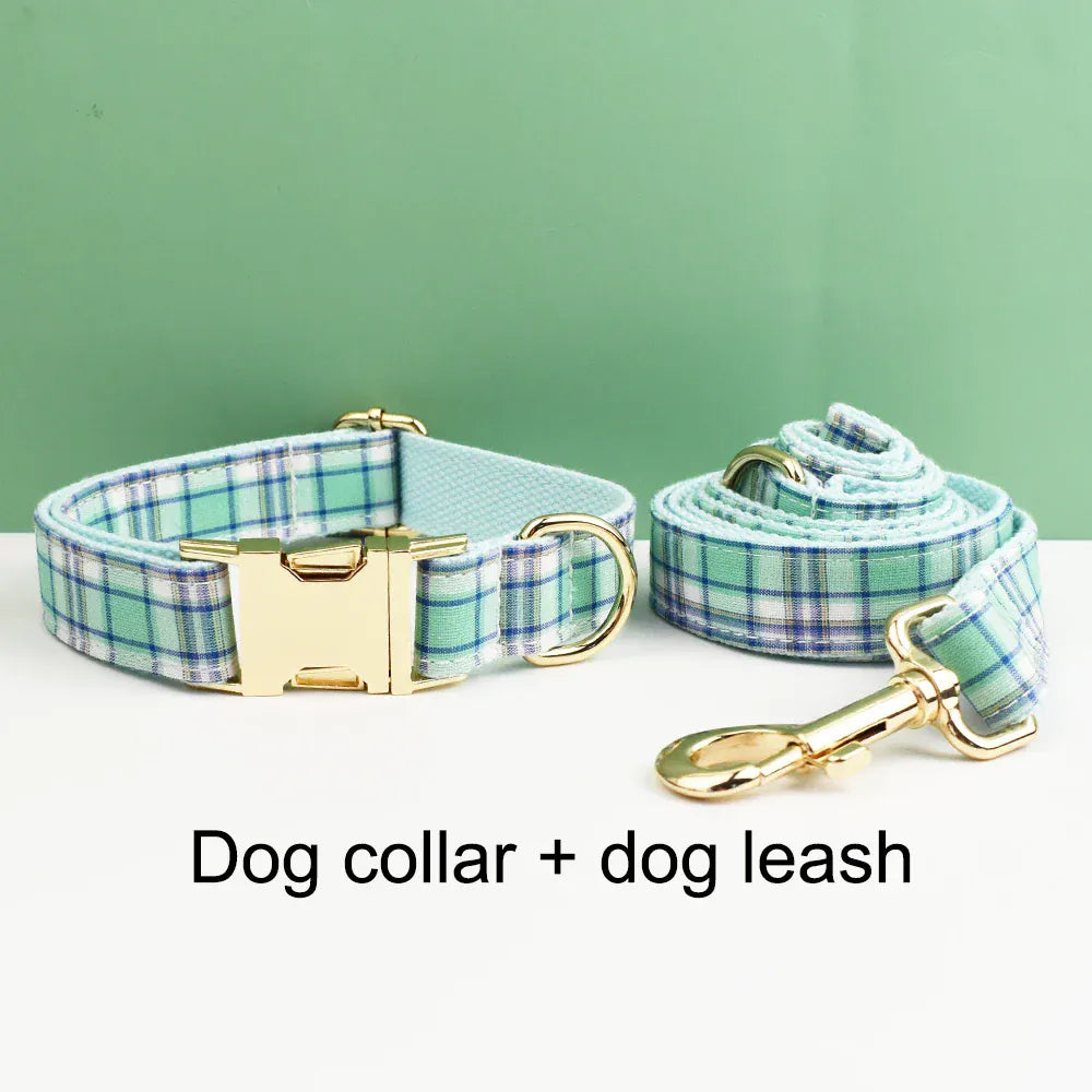 Lake Water Green Plaid Dog Collar Leash and Harness Set
