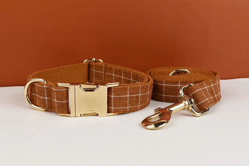Brown Grid Personalized Dog Collar, Leash & Harness Set