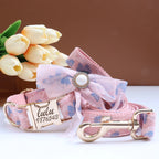 Luxury Pearl Personalized  Dog Collar and Leash Set, Lace Bowtie with Rhinestone Sparkle, Elegant Puppy Girl Pet Necklace