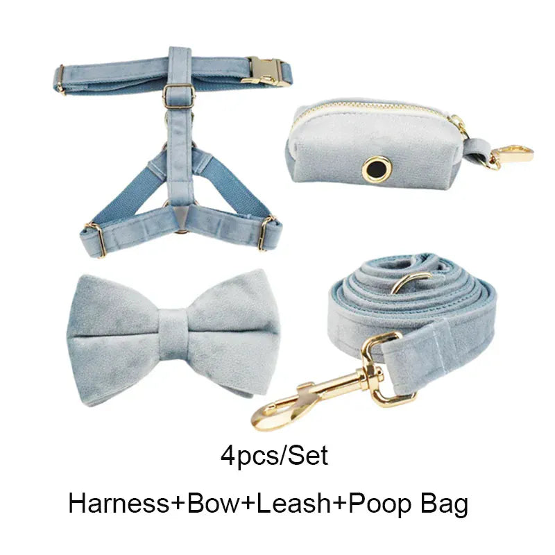 DDPaws  Harness + Leash + Bowtie + Poop Bag / XS Dusty Blue Velvet Set