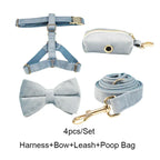 DDPaws  Harness + Leash + Bowtie + Poop Bag / XS Dusty Blue Velvet Set