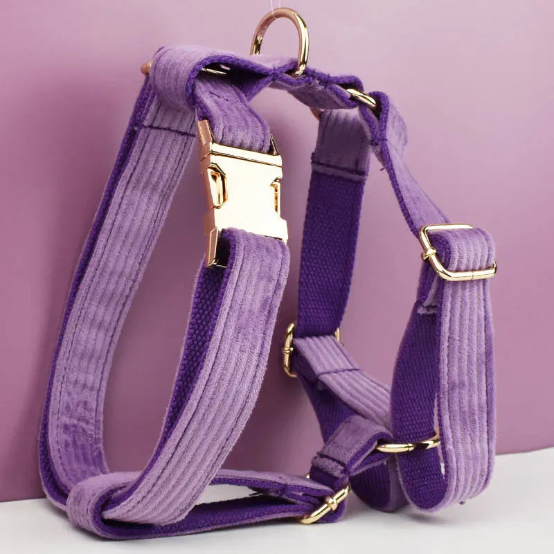 Purple Corduroy Dog Collar Leash and Harness Set