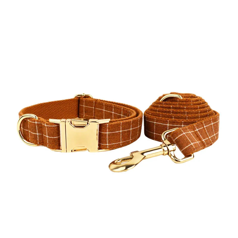 Brown Grid Personalized Dog Collar, Leash & Harness Set