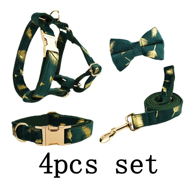 Green feather velvet  Personalized Dog Collar, Leash & Harness Set