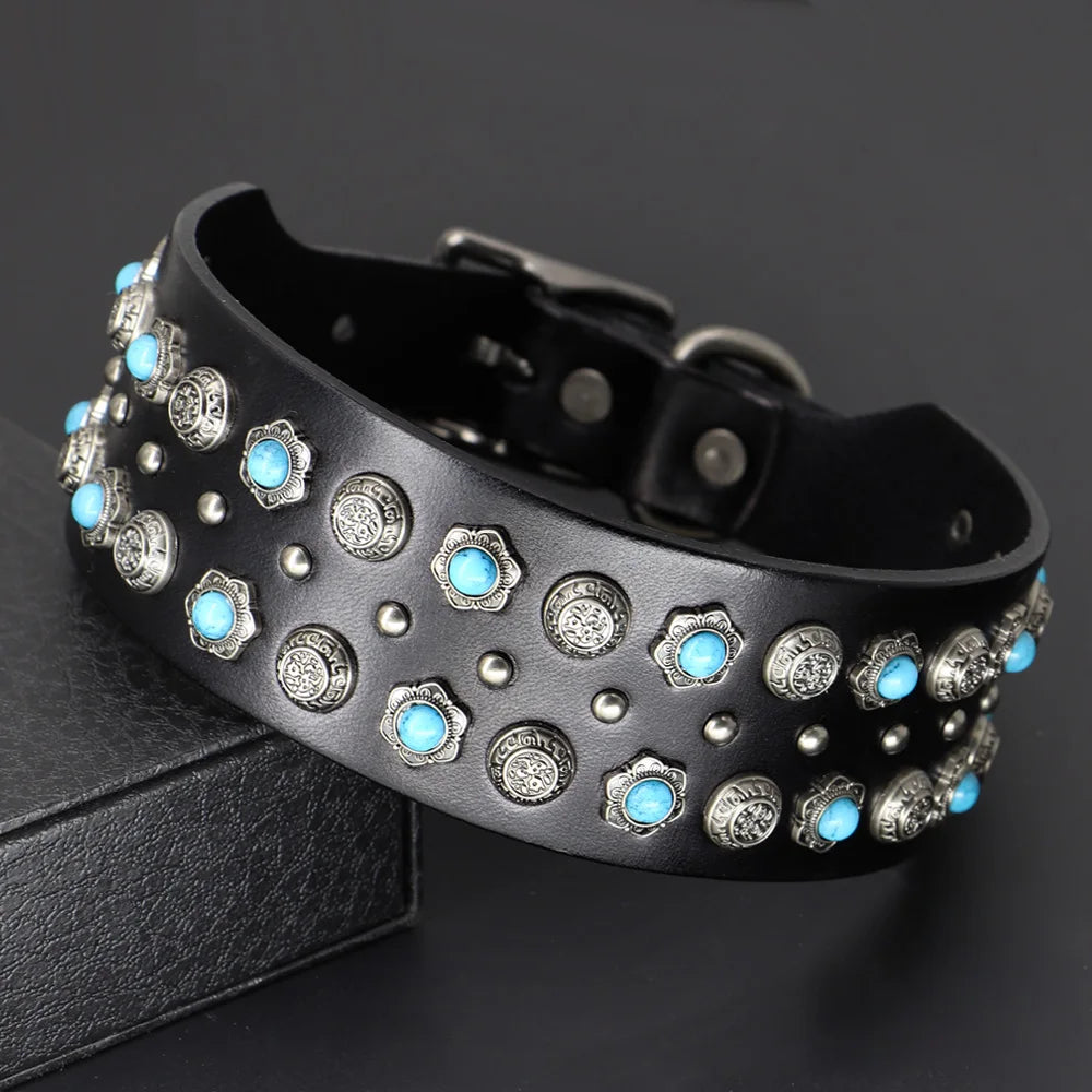 Genuine Leather Dog Collar – 2-Inch Wide Luxury Spike & Diamond Design for Medium & Large Dogs