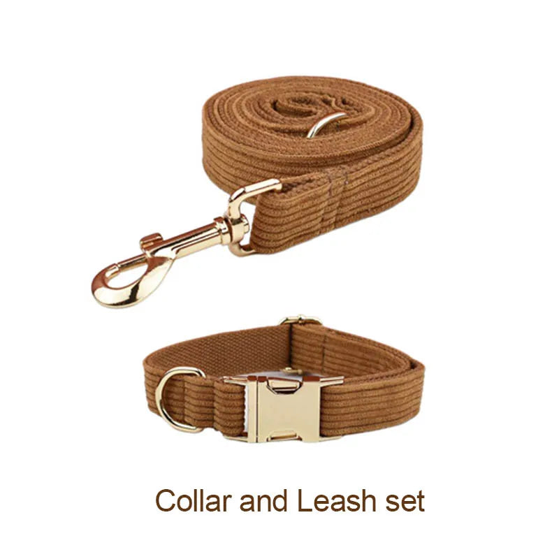 Caramel Corduroy Personalized Dog Collar, Leash & Harness Set