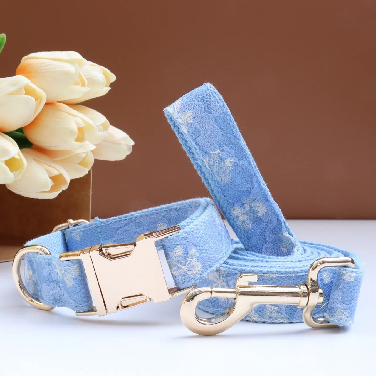 Luxury Pearl Personalized  Dog Collar and Leash Set, Lace Bowtie with Rhinestone Sparkle, Elegant Puppy Girl Pet Necklace