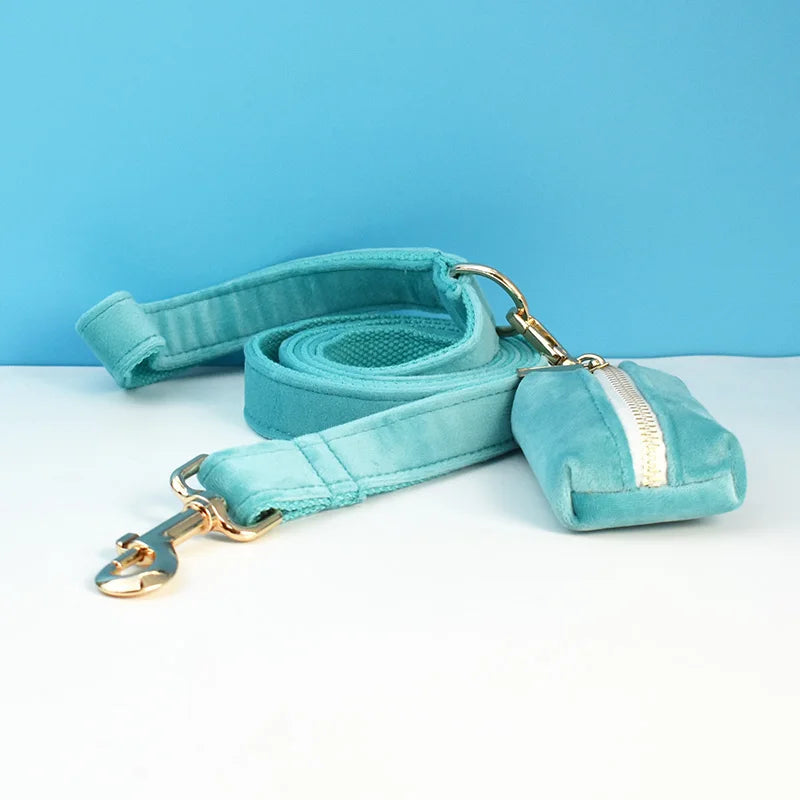 Turquoise Stone Velvet Personalized Dog Collar, Leash & Harness Set