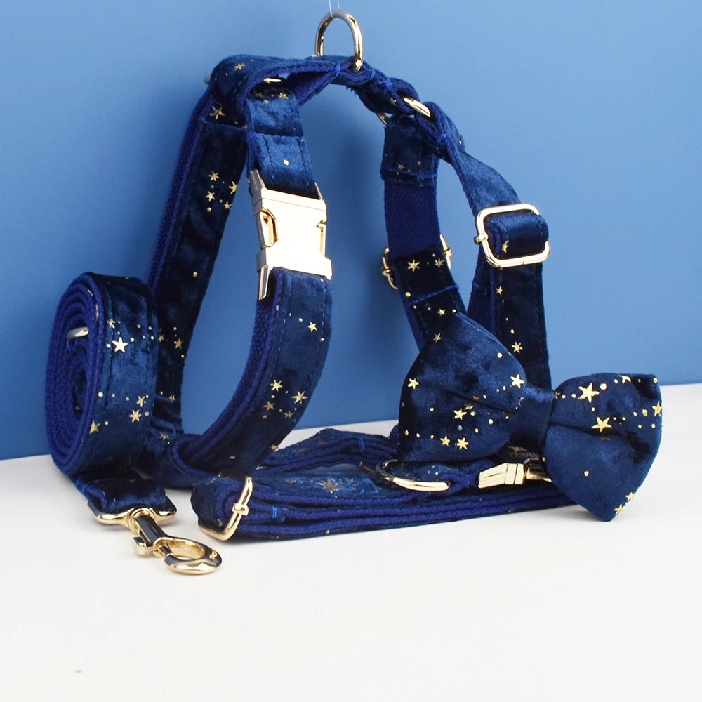 Dark Blue Personalized Dog Collar, Leash & Harness Set