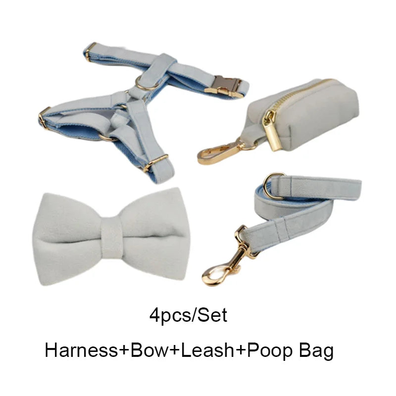 Light Blue Velve Personalized Dog Collar, Leash & Harness Set