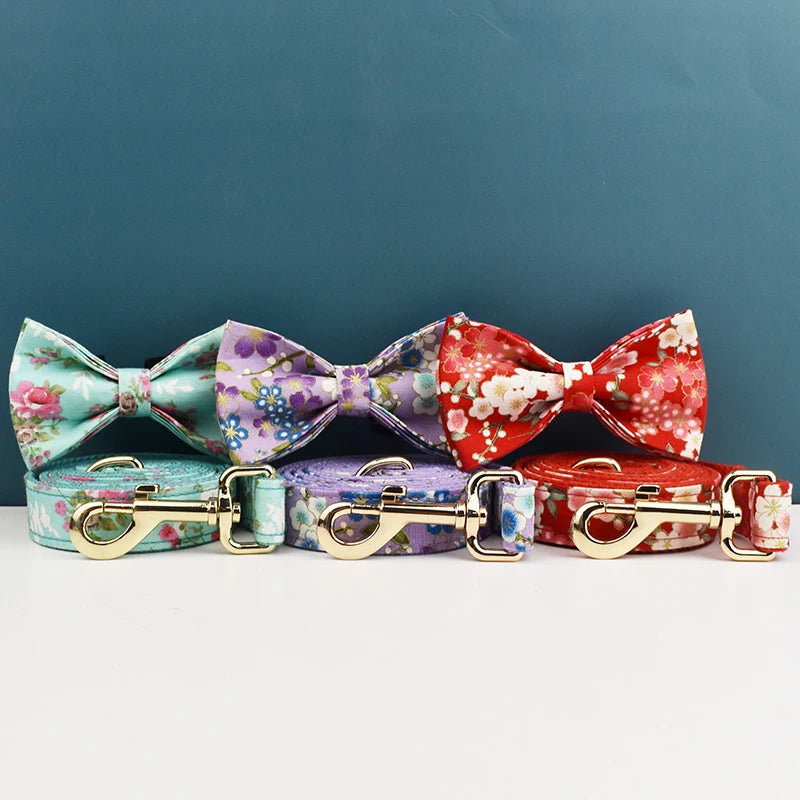 Personalized Dog Collar Leash Harness Set, Custom Name Printed Pet Accessories with Bow Tie, Luxury Tactical Dog Collar