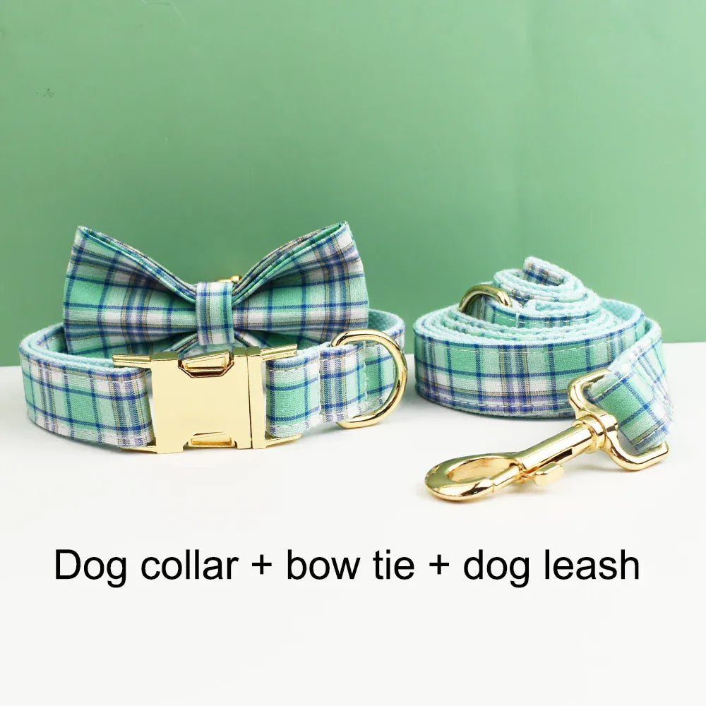 Lake Water Green Plaid Dog Collar Leash and Harness Set