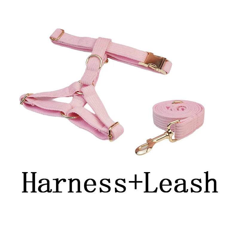 Pink Corduroy Personalized Dog Collar, Leash & Harness Set