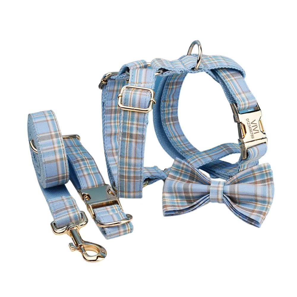 Multi Plaid Personalized Dog Bowtie Collar, Leash Set And Harness Set - Engravable Best Gift For Dog Lover