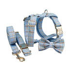 Multi Plaid Personalized Dog Bowtie Collar, Leash Set And Harness Set - Engravable Best Gift For Dog Lover