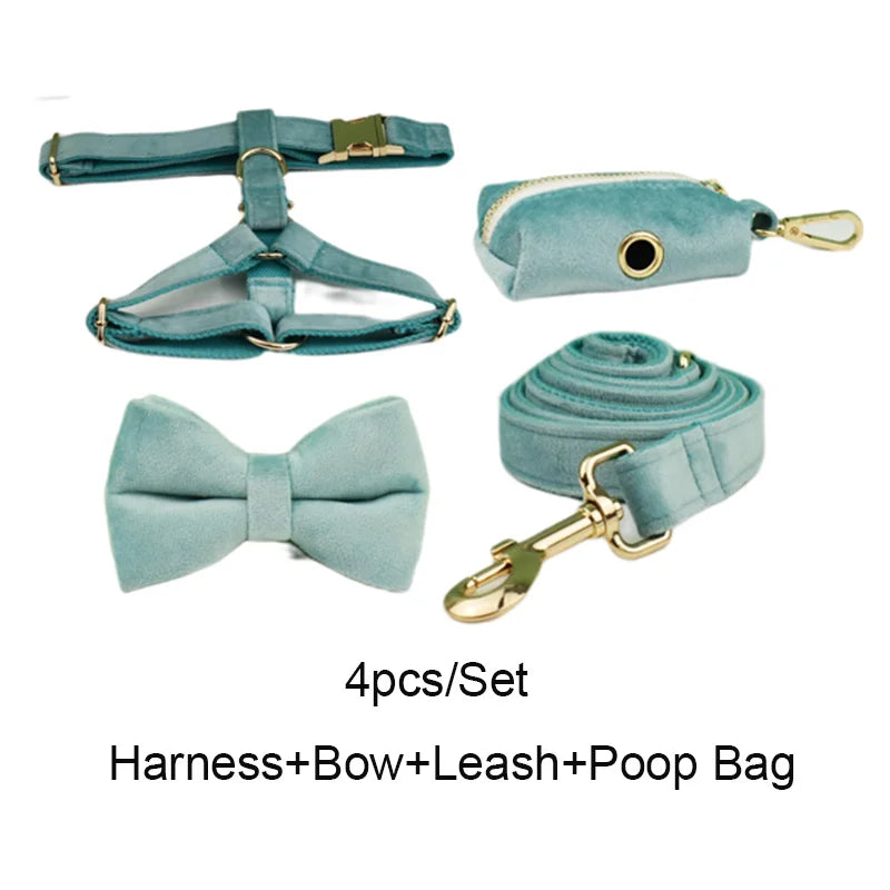 Green Velvet Personalized Dog Collar, Leash & Harness Set