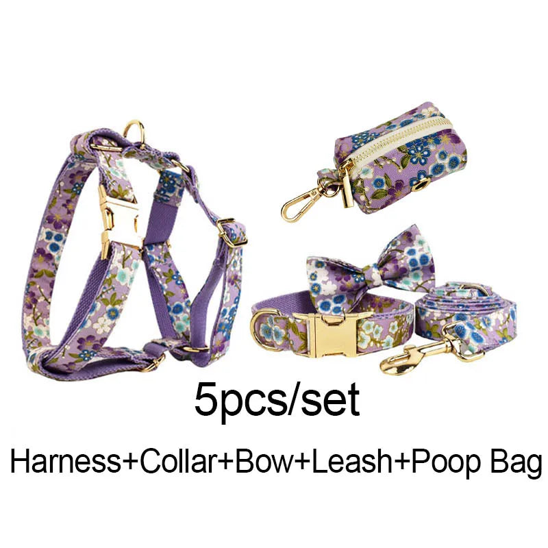 Purple Soft Cotton Personalized Dog Collar, Leash & Harness Set