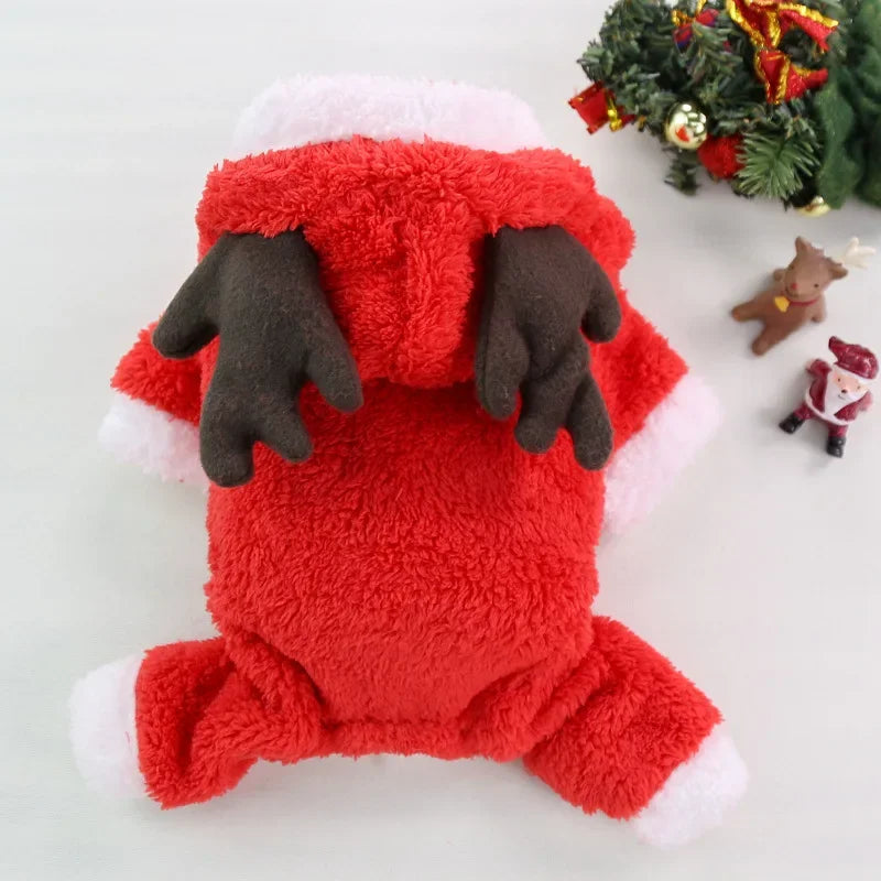 Christmas Elk Dog Hoodie – Warm Coral Velvet Winter Outfit for Small Dogs