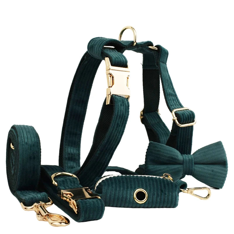 Dark green Corduroy Personalized Dog Collar, Leash & Harness Set