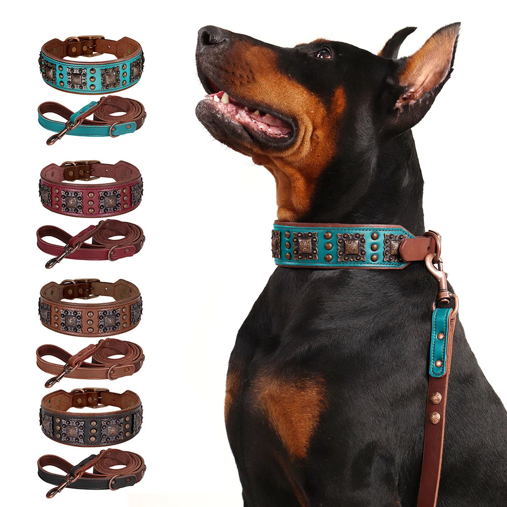 Real Leather Dog Collar & Leash Set – Durable Padded Luxury Design for Medium & Large Dogs