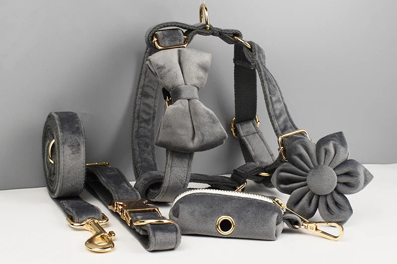 Dark Grey Velvet Personalized Dog Collar, Leash & Harness Set