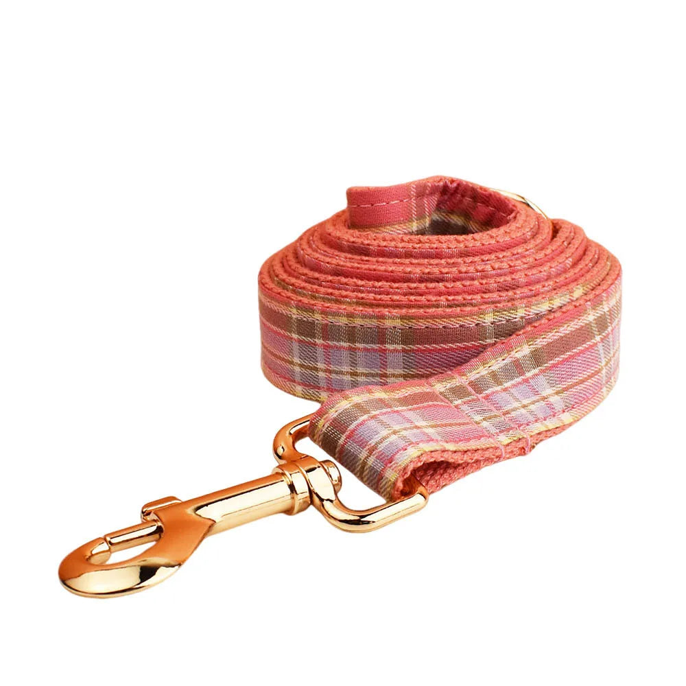 Multi Plaid Personalized Dog Bowtie Collar, Leash Set And Harness Set - Engravable Best Gift For Dog Lover