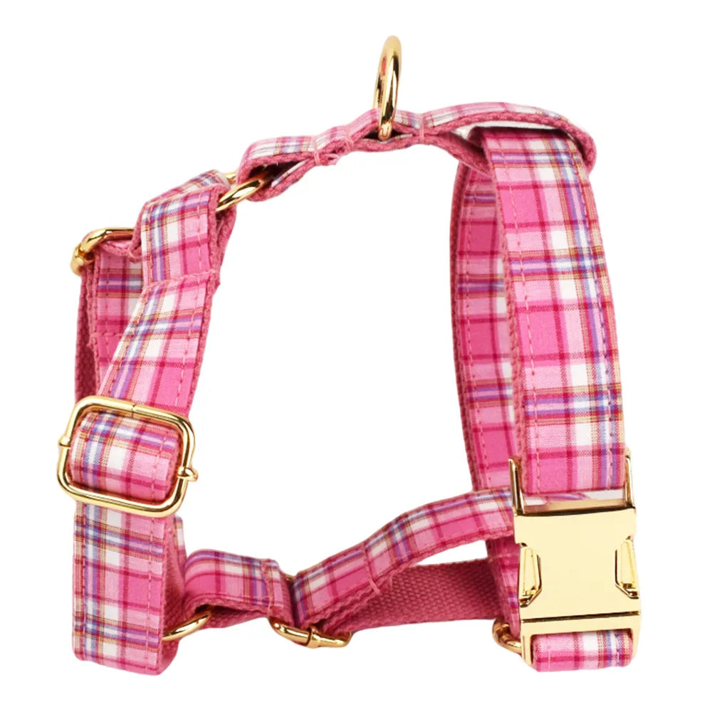Multi Plaid Personalized Dog Bowtie Collar, Leash Set And Harness Set - Engravable Best Gift For Dog Lover