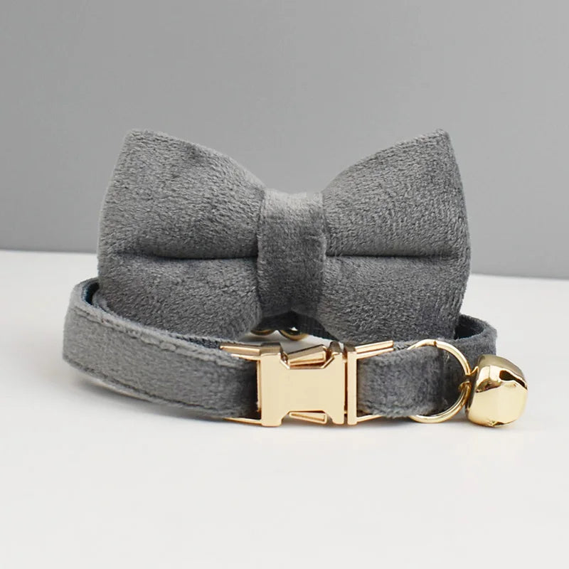 Velvet Cat Collar Luxury Cat Collar Personalized with Name Plate Bell Bow tie