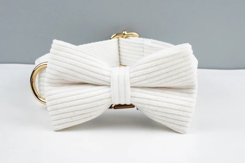 White Corduroy Personalized Dog Collar, Leash & Harness Set