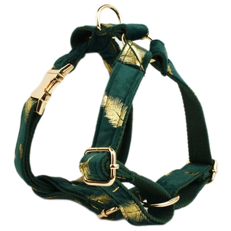 Green feather velvet  Personalized Dog Collar, Leash & Harness Set