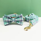 Lake Water Green Plaid Dog Collar Leash and Harness Set