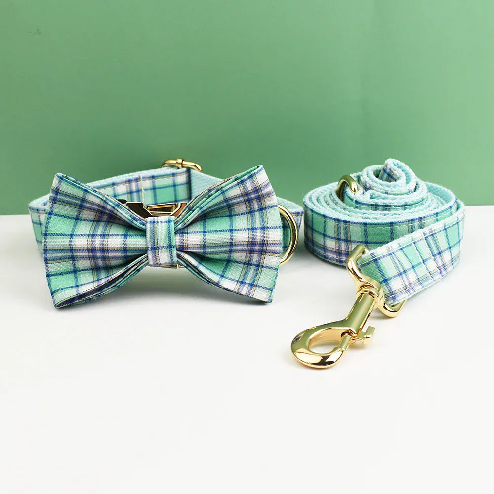 Lake Water Green Plaid Dog Collar Leash and Harness Set