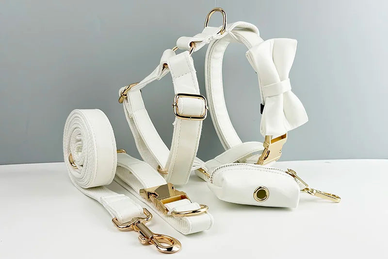 White Leather Personalized Dog Collar, Leash & Harness Set