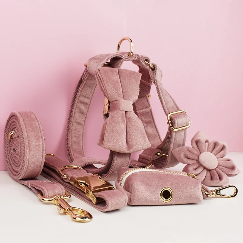 Light Purple Velvet Personalized Dog Collar, Leash & Harness Set