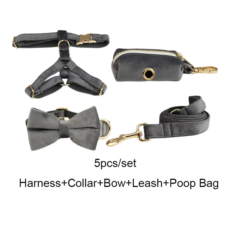 Dark Grey Velvet Personalized Dog Collar, Leash & Harness Set
