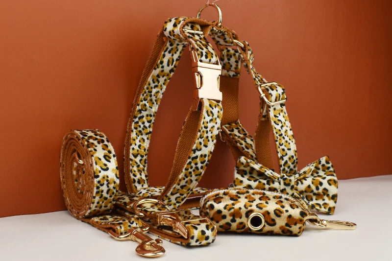 Customized Designer Logo Leopard Personalized Dog Collar, Leash & Harness Set