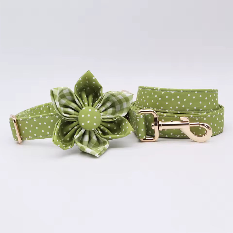 Green Polka Dot Floral Dog Collar and Leash Set