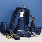 Grid Dark Blue Personalized Dog Collar, Leash & Harness Set