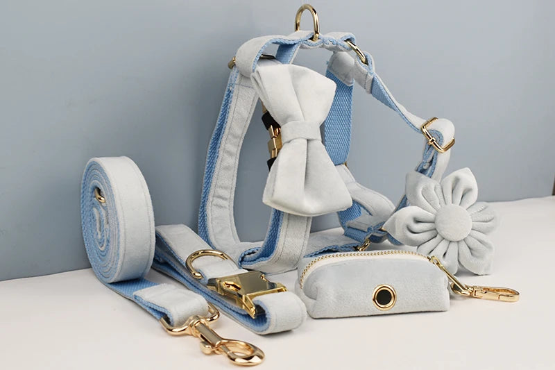 Light Blue Velve Personalized Dog Collar, Leash & Harness Set