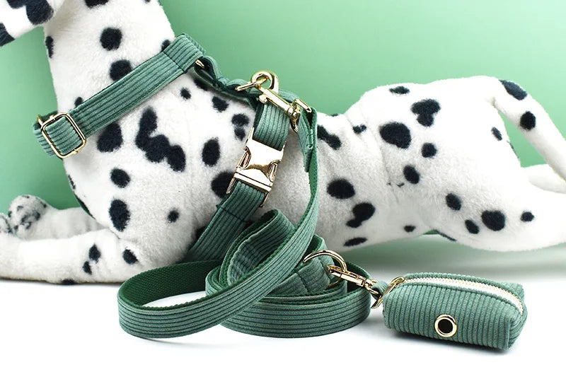 Dark Green Corduroy Personalized Dog Collar, Leash & Harness Set