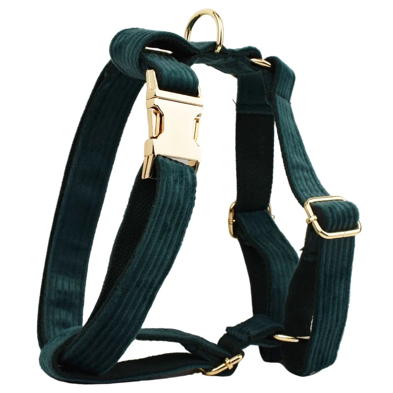 Dark green Corduroy Personalized Dog Collar, Leash & Harness Set