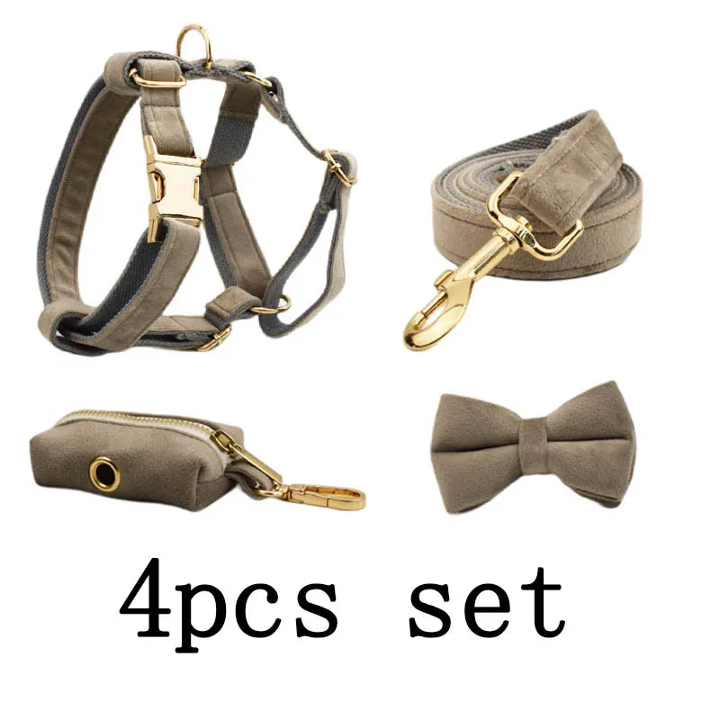 Light grey Velvet Personalized Dog Collar, Leash & Harness Set