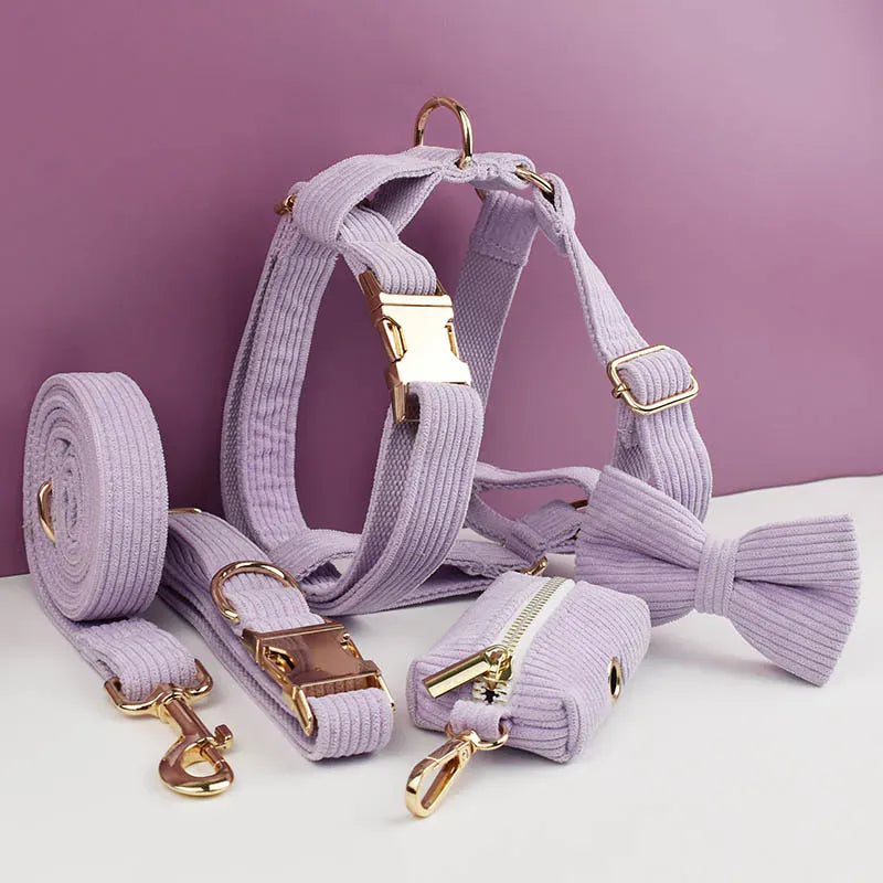Purple Corduroy Dog Collar Leash and Harness Set