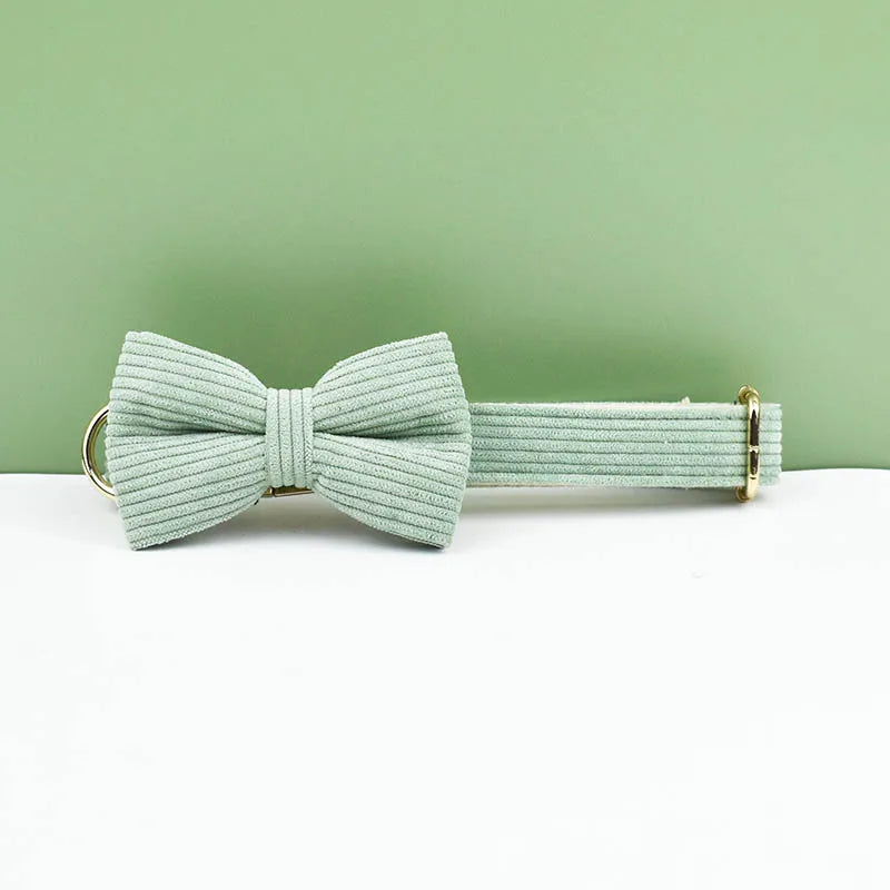 High Quality Light Green Corduroy Dog Collar, Harness & Leash Set – Personalized Engraved Nameplate, Padded