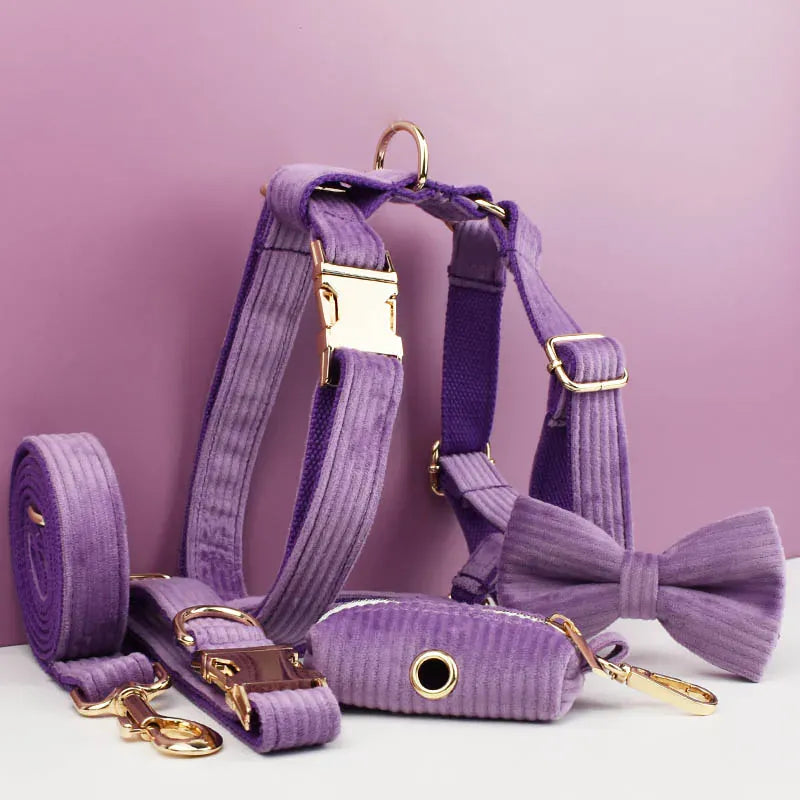 Purple Corduroy Dog Collar Leash and Harness Set